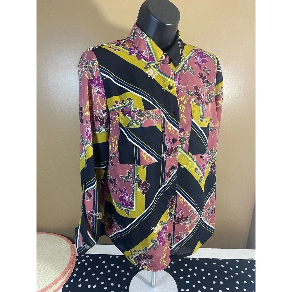 Multicolor Floral/striped Button Up Top With Pockets/button Sleeves Size XS - Picture 12 of 16